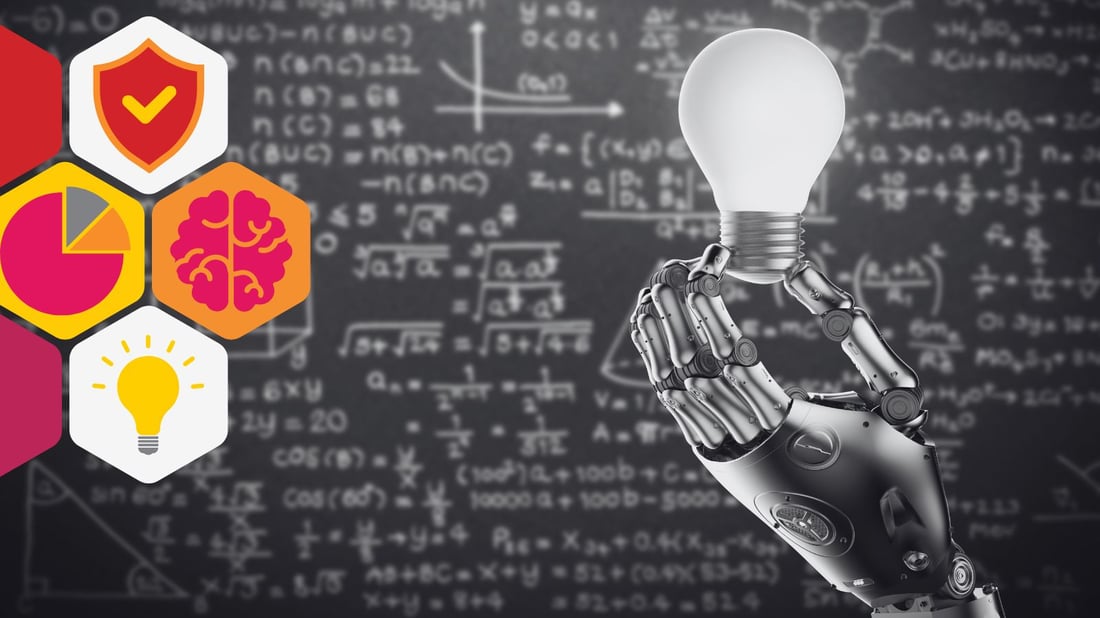 a robotic hand holds up a lightbulb in front of a chalkboard covered in mathematical equations