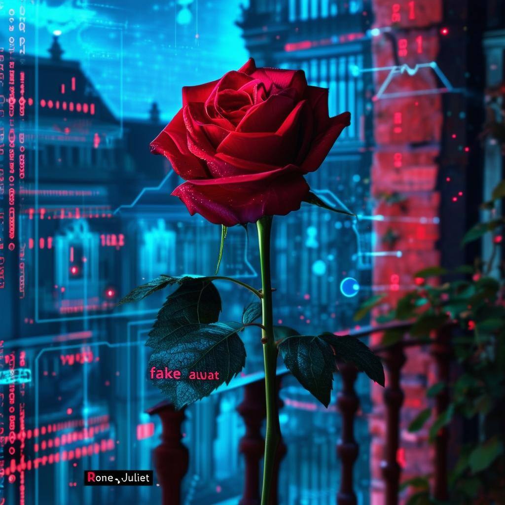 shakespeares romeo and juliet balcony scene with a rose but labelled with a fake malware name, cybersecurity theme, technology in the background