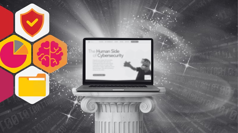 a laptop sits on a pedestal with a mystical background