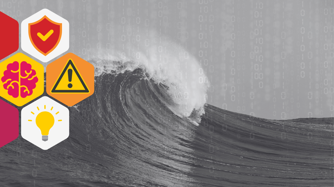 a giant wave rolls with an overlay of coding language 