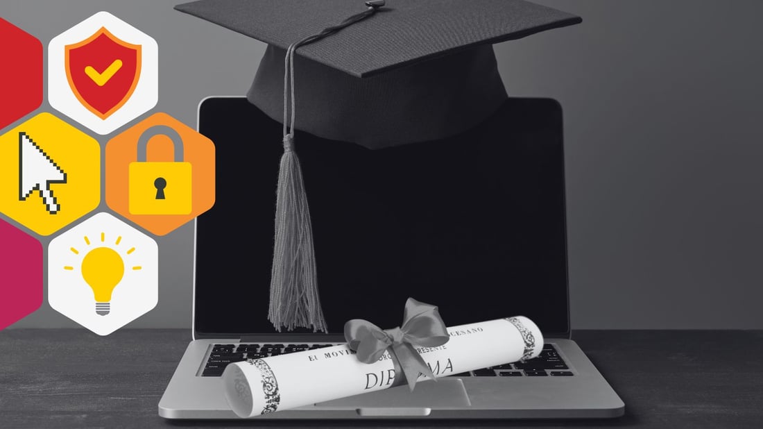 an open laptop with a graduation cap sitting on top and a diploma laying on the keyboard 