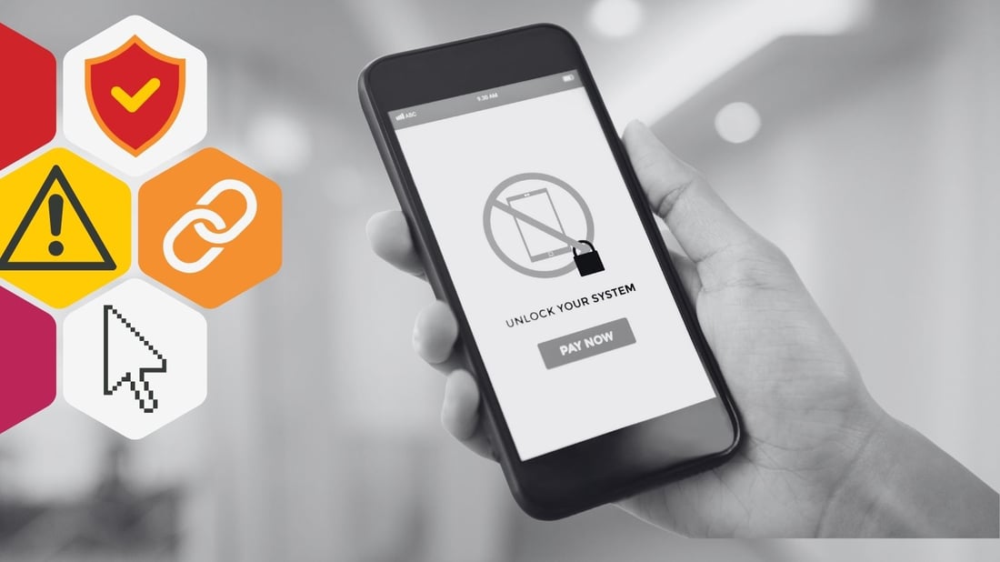 Blog header showing a person holding a phone, the screen shows that it has been locked by hackers and they are demanding payment for the user to regain access. 