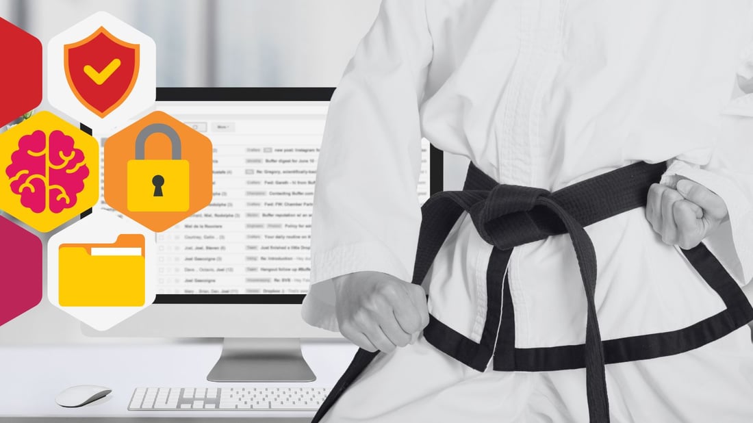 a blackbelt in karate stands in a defensive stance in front of his computer where his email is showing