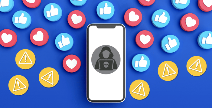 a phone with the profile image of a hacker surrounded by circles indicating likes, loves, and alerts