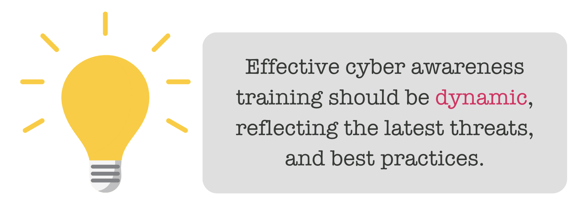 Effective cyber awareness training should be dynamic, reflecting the latest threats, and best practices.