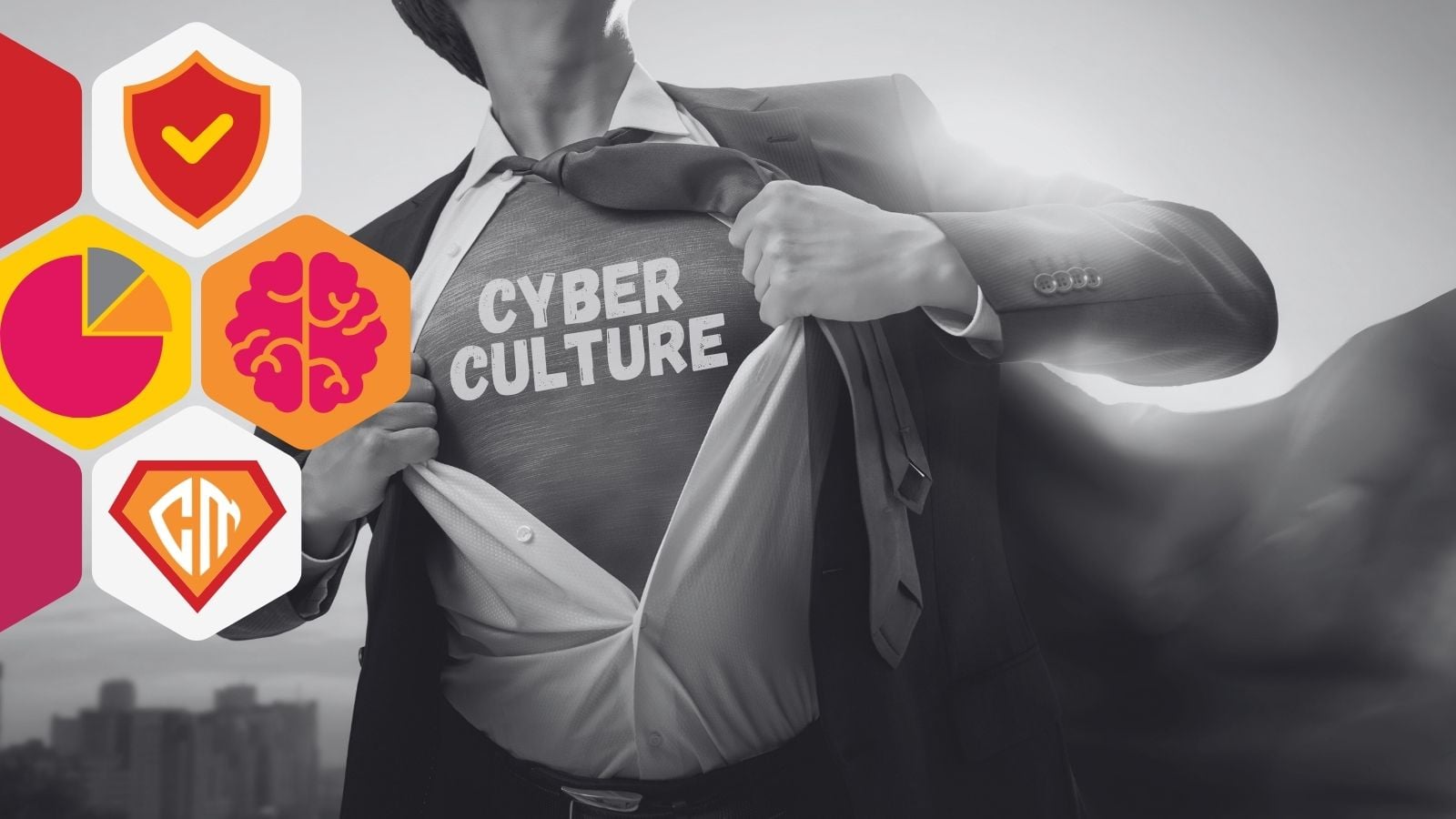 A blog header with a superhero pulling aside their button down shirt to reveal their superhero costume which says Cyber Culture