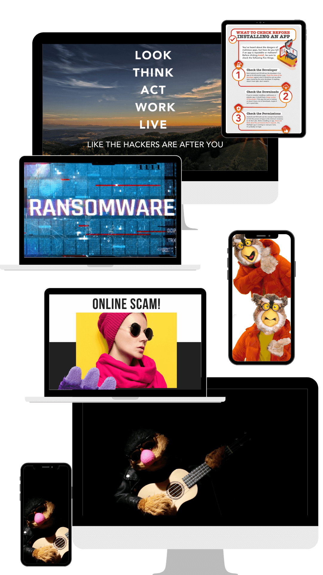 Horizontal row of Cybermaniacs products screenshots on different devices