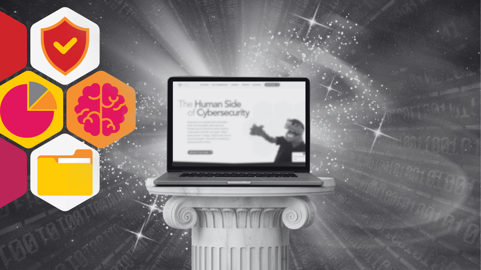 a laptop sits on a pedestal with a mystical background