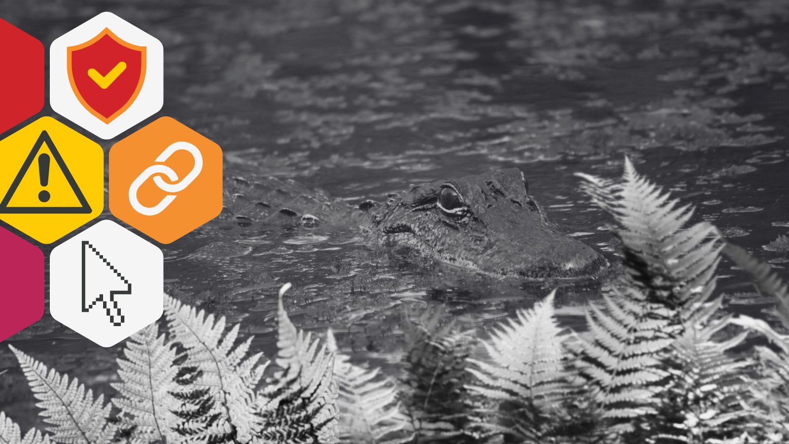 A crocodile lurks in the water, the shoreline is covered in ferns