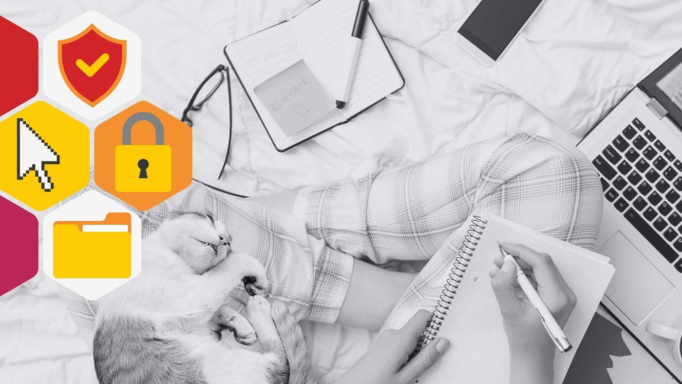 Aerial view of a person's legs folded up on the bed as they work from home with their computer and notebook around them. A cat rests on their legs